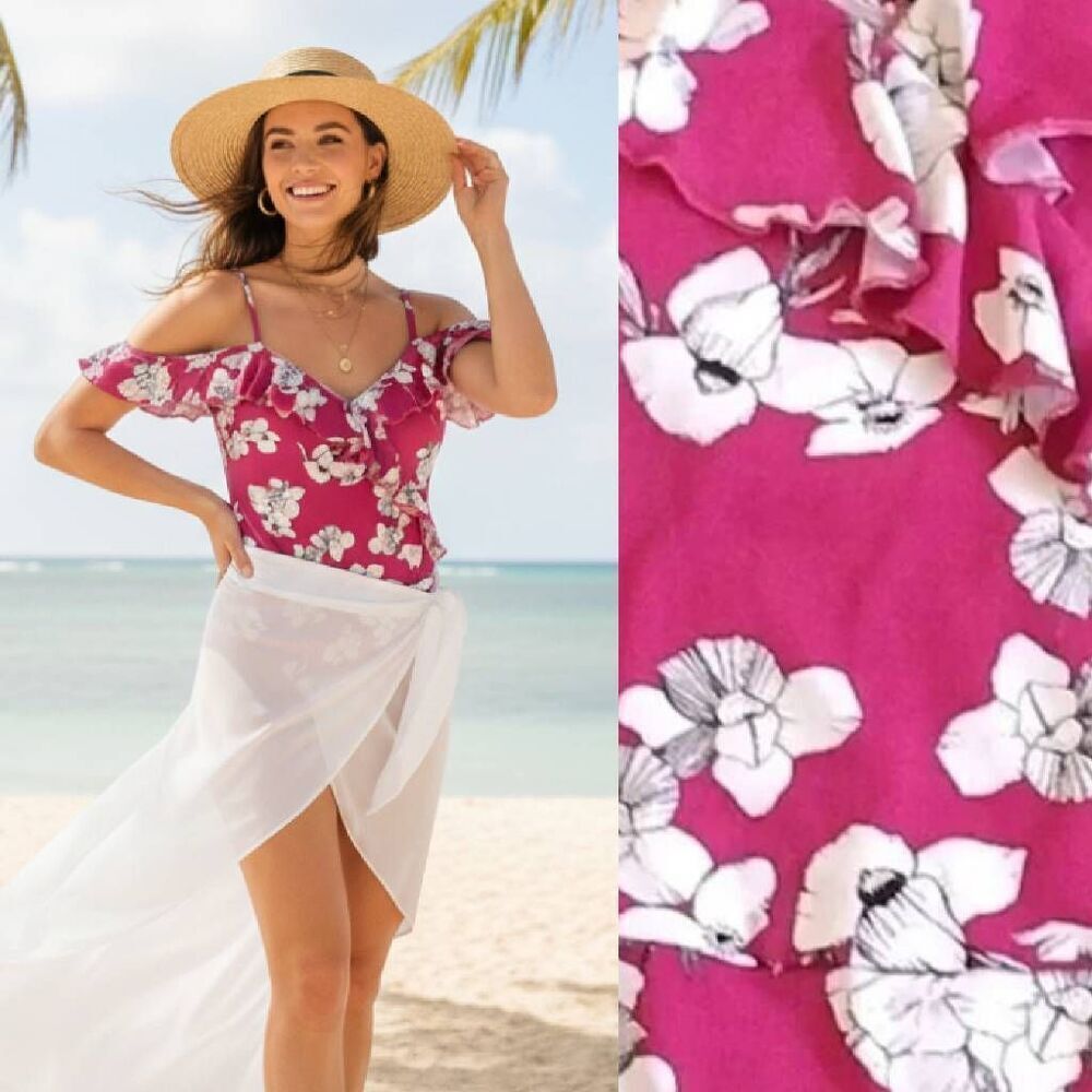 HeartSoul Fuchsia White Hibiscus Ruffled Cold Shoulder Bodysuit XL Resortwear